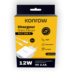 Konrow KK12AATL - Complete Mains Charger (12W USB Adapter & Detachable Lightning Cable, 1m) White (Compatible, Blister)