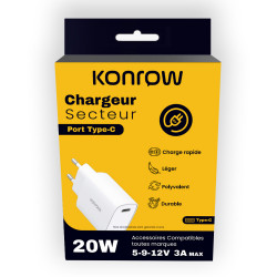 Konrow KC20CW - USB Type C Power Adapter - 20W Fast Charging, White (Compatible, Blister)