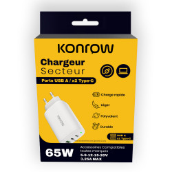 Konrow KC65ACCW - 3 Port Power Adapter (1 Type A Port & 2 Type C Ports) 65W Fast Charging, White (Compatible, Blister)