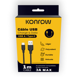 Konrow KCATCNB1 - USB Type C to Type A Cable (1 M - 3A) - Black (Compatible, Blister)