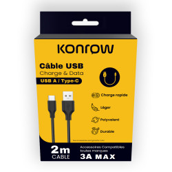 Konrow KCATCPB2 - USB Type C to Type A Cable (2 M - 3A) - Black (Compatible, Blister)