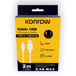 Konrow KCATLPW2 - Lightning to Type A USB Cable (2 M - 2.4A) - White (Compatible, Blister)