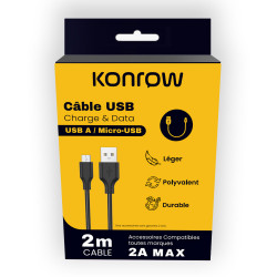 Konrow KCATMPB2 - Micro USB to Type A Cable (2 M - 2A) - Black (Compatible, Blister)
