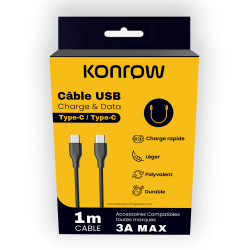 Konrow KCCTCPB1 - USB Type C to Type C Cable (1 M - 3A) - Black (Compatible, Blister)
