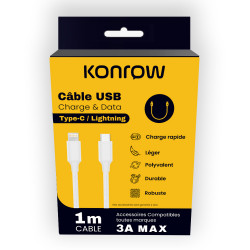 Konrow KCCTLNPDW1 - USB Lightning to Type C Cable (1 M - 3A - Nylon Braided) - White (Compatible, Blister Pack)