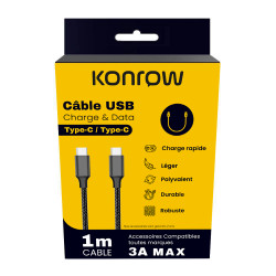 Konrow KCATCNPDB1 - USB Type C to Type C Cable (1 M - 3A - Braided Nylon) - Black (Compatible, Blister)