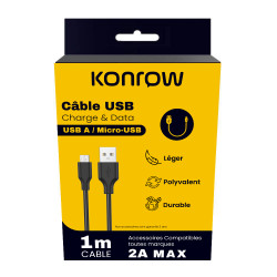 Konrow KCATMPB1 - Micro USB to Type A Cable (1 M - 2A) - Black (Compatible, Blister)